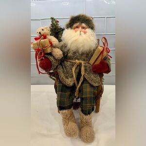 Sitting Santa Figurine with Teddy Bear and Gifts, Wooden Chair, 15”